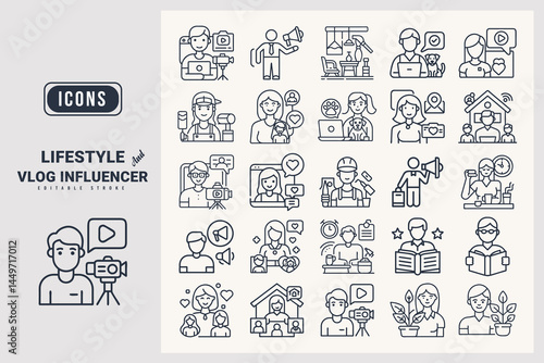 Lifestyle & vlog influencer icon set Daily Vlogger, Minimalism Advocate, DIY Home Decor Creator, Momfluencer,Pet Content Creator, Relationship Advice Vlogger, silhouette icon.