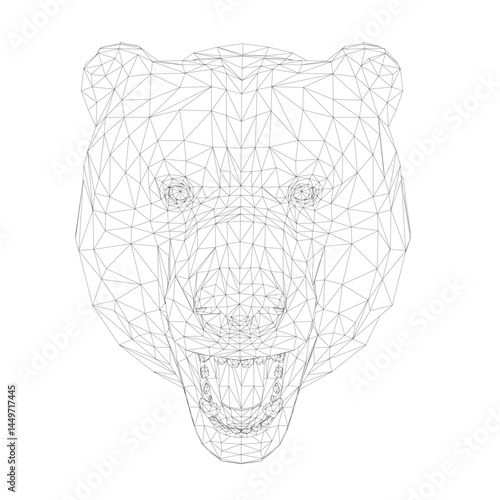 A bear's face is drawn in black and white. The bear has a menacing look on its face, with its mouth wide open and teeth bared. The bear's eyes are staring straight ahead. Front view. 3D
