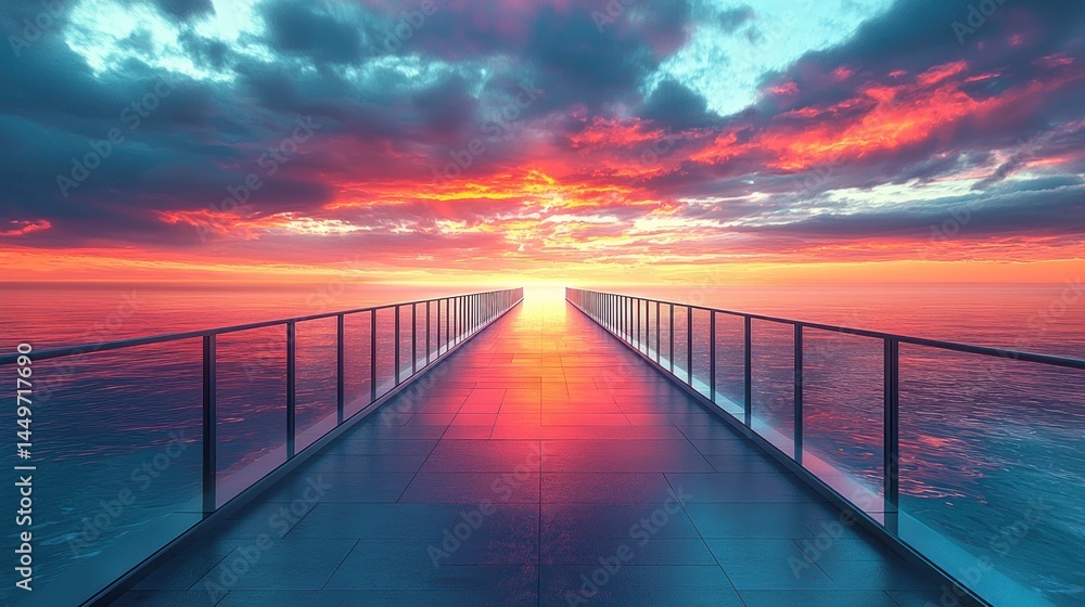 Obraz premium Dramatic sunset over a pathway to the horizon. Glass railing, modern walkway, vibrant colors