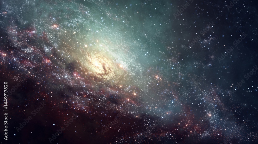 Fototapeta premium A breathtaking view of a spiral galaxy, swirling with vibrant colors and countless stars. A cosmic masterpiece.