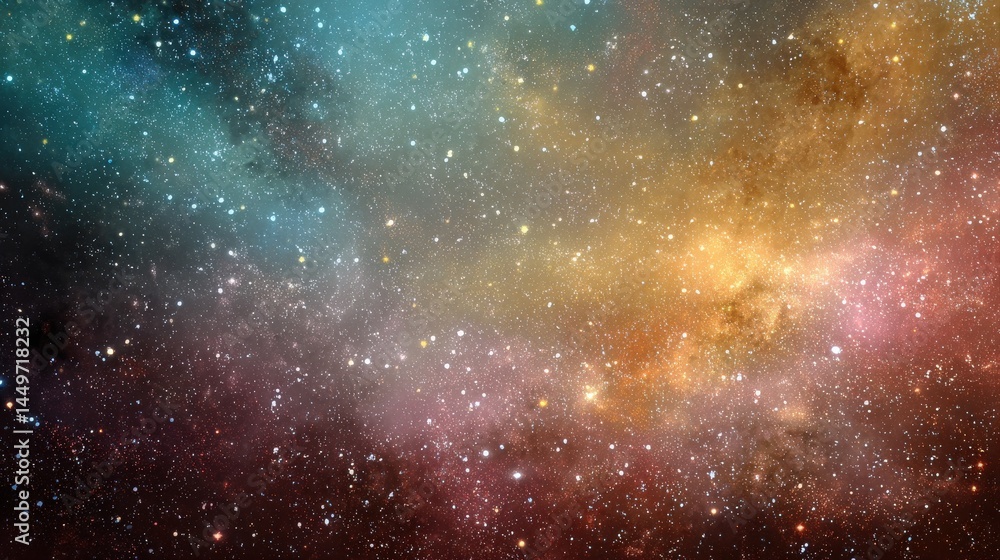 A mesmerizing cosmic landscape, swirling with teal, gold, and rose hues. Countless stars shimmer across this ethereal expanse. A mesmerizing cosmic landscape, swirling with teal, gold, and rose hues. Countless stars shimmer across this ethereal expanse.