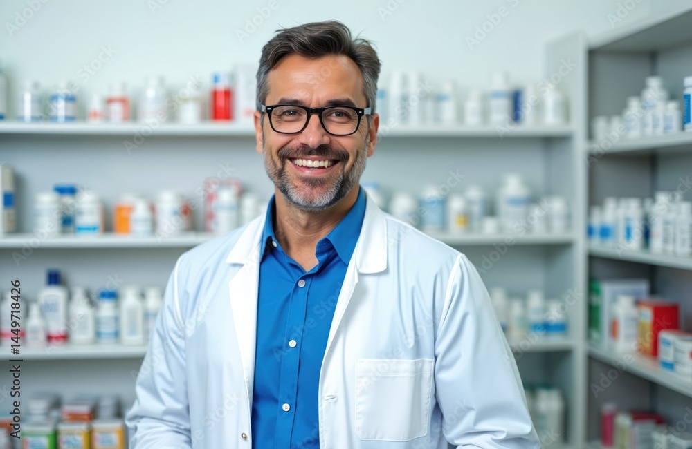 Happy man pharmacist wearing blue shirt white coat smiling. Shelves medicines in pharmacy background. Pro medical worker in drugstore. Health care, medicine, pharmaceutics concept.