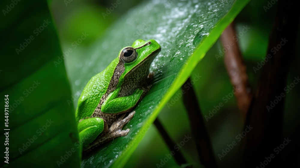 European Tree Frog on Dew-Kissed Leaf, Close-up European Tree Frog on Dew-Kissed Leaf, Close-up