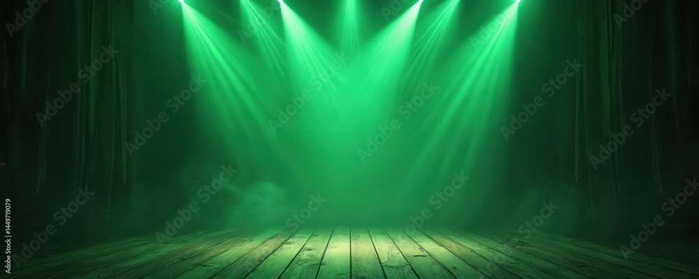 Green stage lights illuminate empty wooden stage creating vibrant atmosphere. Dramatic design, concept. Empty performance scene with wooden floor. Theatrical display for concert, show or party.