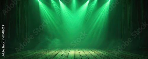 Green stage lights illuminate empty wooden stage creating vibrant atmosphere. Dramatic design, concept. Empty performance scene with wooden floor. Theatrical display for concert, show or party.