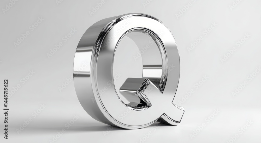 Polished chrome letter Q in three dimensions stands on a white surface Polished chrome letter Q in three dimensions stands on a white surface