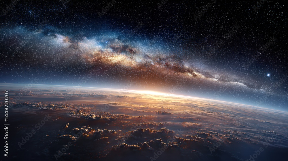 Majestic view of Earth from space, with the Milky Way galaxy stretching across the dark sky. A breathtaking sunrise paints the clouds with warm hues. Majestic view of Earth from space, with the Milky Way galaxy stretching across the dark sky. A breathtaking sunrise paints the clouds with warm hues.