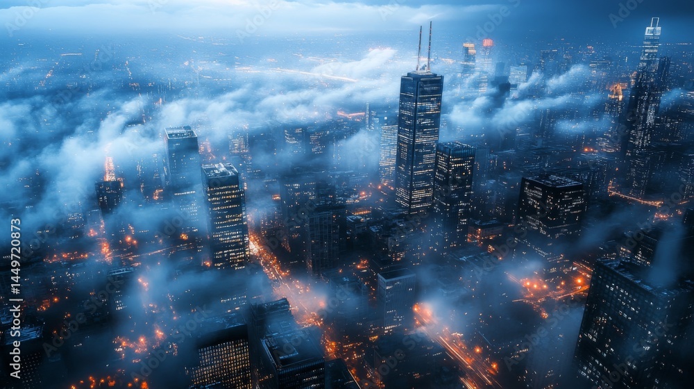 Fototapeta premium Futuristic cityscape with clouds and neon lights.