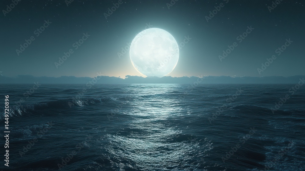Full moon shining over a dark ocean with reflections on the water. Full moon shining over a dark ocean with reflections on the water.