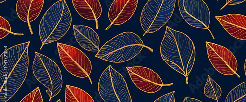 abstract doodle dark blue background, golden and red gradient leaves with flowers seamless pattern, outline art, deep stroke, outline art style,close style, vintage theme, minimalist, seamless, shimme