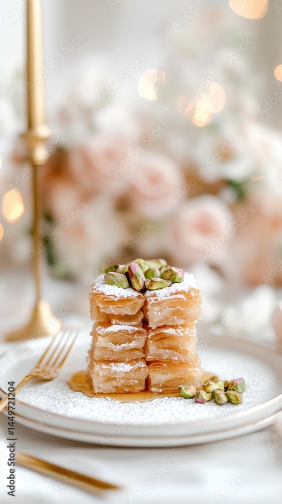 Elegant dessert presentation with pistachio baklava against soft floral background
