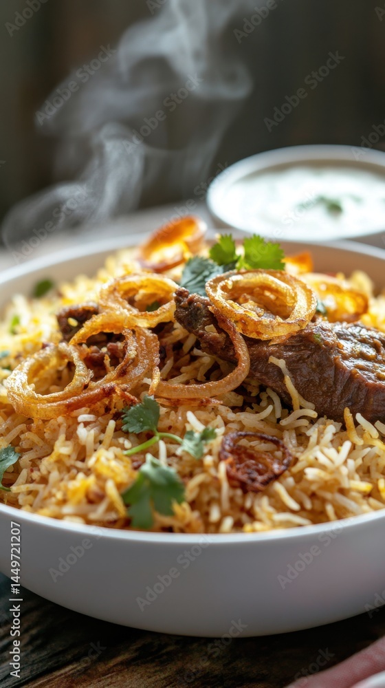 Delicious lamb biryani with crispy fried onions and raita - perfect for festive feasts