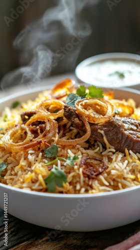 Obraz na płótnie Delicious lamb biryani with crispy fried onions and raita - perfect for festive feasts w salonie