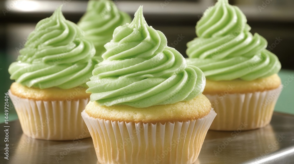 Key Lime Cupcakes. Tasty green frosted cupcakes on tray for dessert table or party celebration