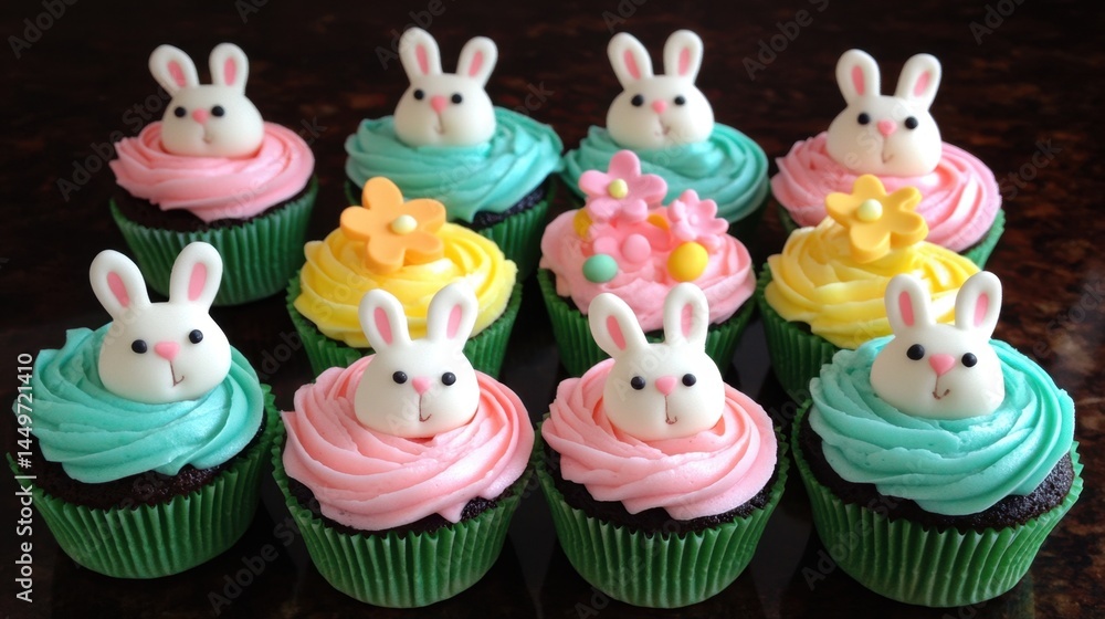 Easter Cupcakes Easter bunny cupcakes with colorful frosting and decorations for spring celebrations