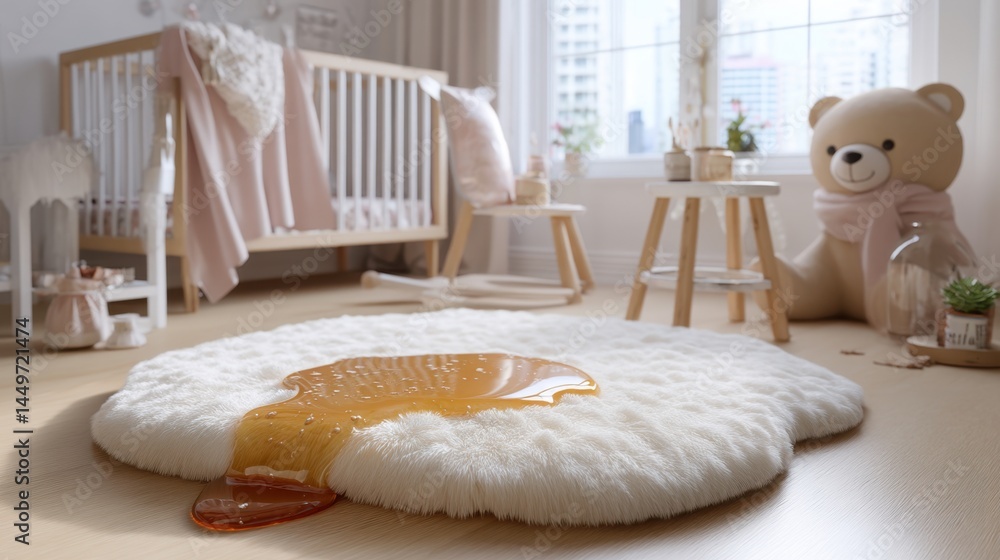 Cozy nursery with teddy bear and rug with honey spill by crib