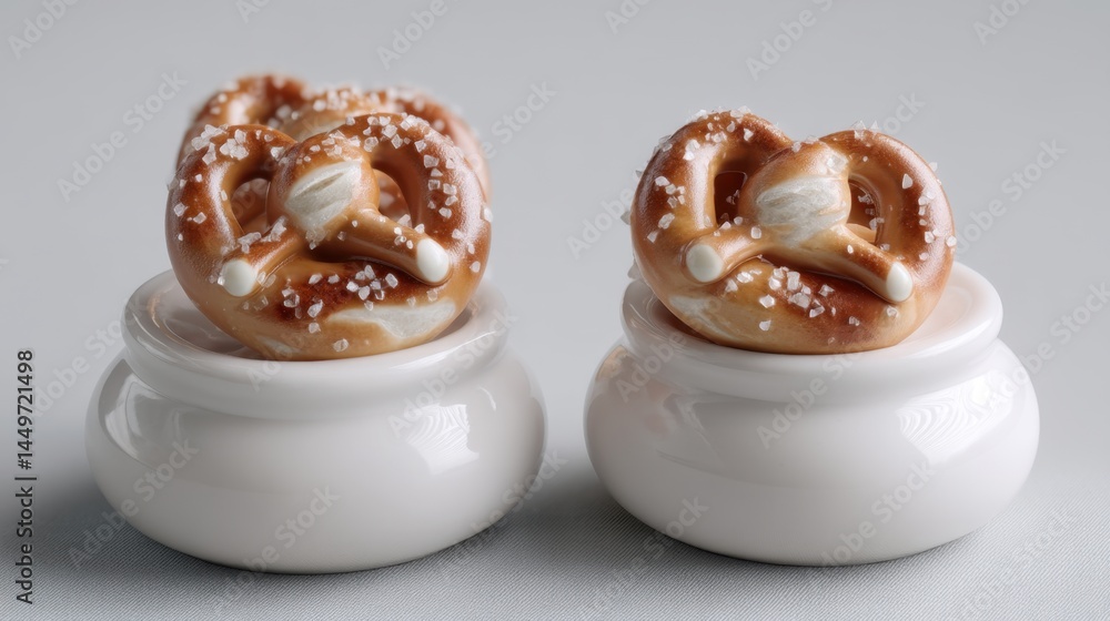 Miniature salted pretzels with icing on white ceramic pots