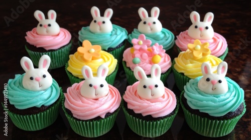 Obraz na płótnie Easter Cupcakes Easter bunny cupcakes with colorful frosting and decorations for spring celebrations w salonie