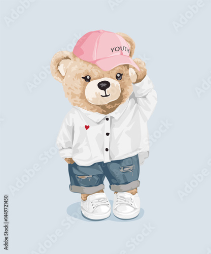 cute girly bear doll in white shirt and distressed jeans vector illustration