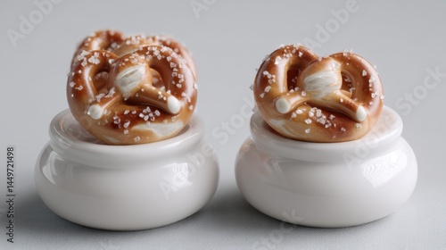 Miniature salted pretzels with icing on white ceramic pots