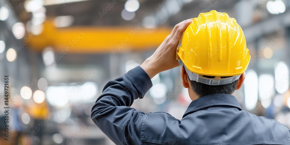 Back view of engineer with yellow helmet in industrial factory. safety, engineering and labor supervision