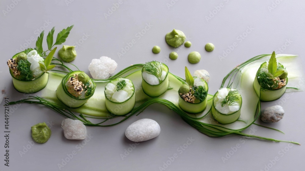 Cucumber Month. Gourmet vegetarian sushi delight with cucumber and fresh herbs on grey background