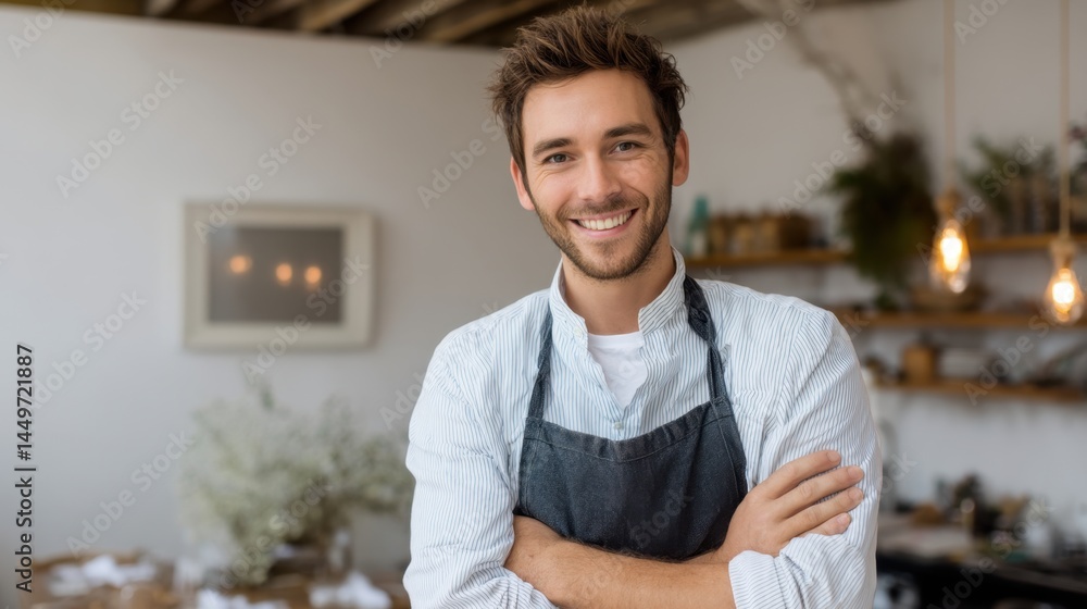 Friendly male barista in coffee shop setting with rustic decor