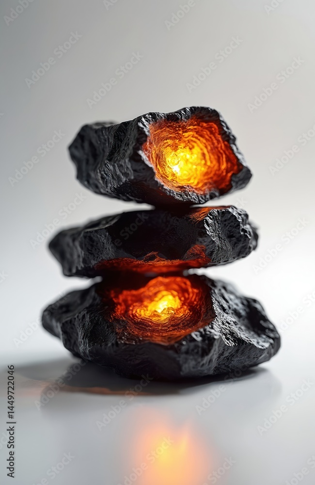 Illustration of Shuddha Shilajit, mineral supplement isolated white background with light effects. Stacked black glowing rocks represent wellness. Natural remedy for health and vitality.
