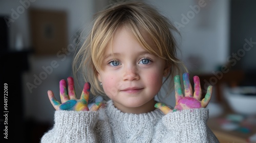 World Autism Month. Child with colorful painted hands expressing creativity and joy