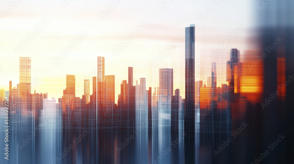 Fototapeta premium vibrant urban skyline at sunset, showcasing tall buildings and blend of warm colors, evokes sense of modernity and energy