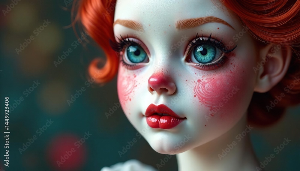 Bold, swirling design painted on a smooth porcelain doll's visage , smooth, decorative Bold, swirling design painted on a smooth porcelain doll's visage , smooth, decorative