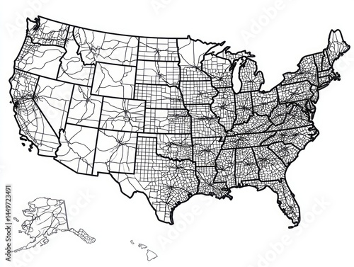 United States map illustration showing road networks and county borders