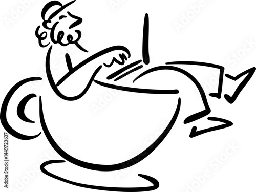 Man Working With Laptop with Coffee. Naive Doodle Illustration