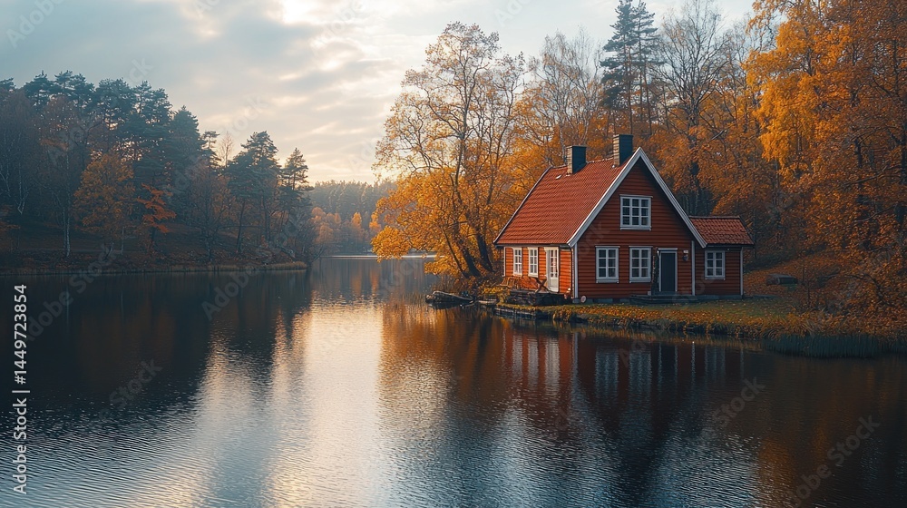 Fototapeta premium Autumnal Lakeside Cabin