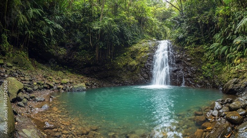 Lush Waterfall in Tropical Forest