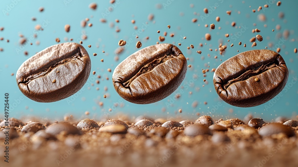 Three coffee beans floating above a bed of coffee beans on blue. Three coffee beans floating above a bed of coffee beans on blue.