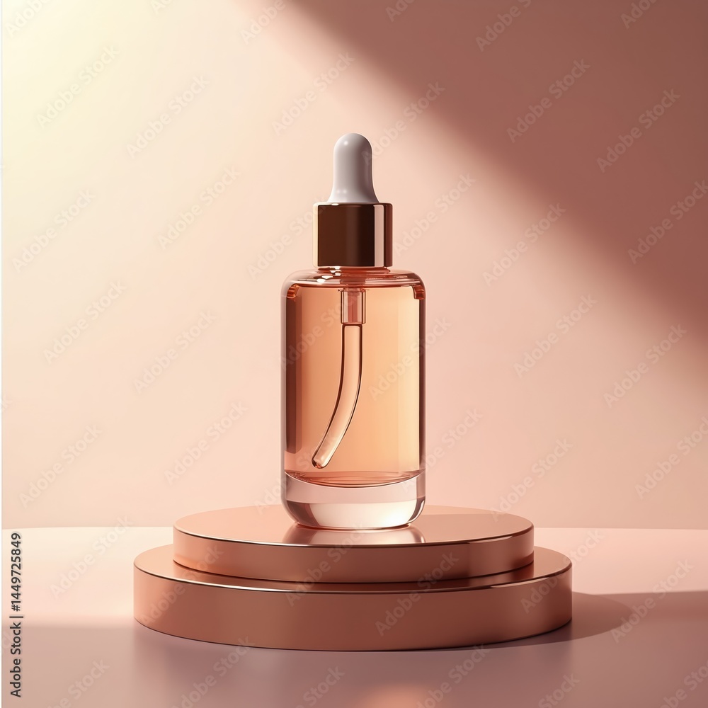 Transparent glass dropper cosmetic bottle with pipette on podium. 3d render. Skincare serum, essence product. Elegant design. Beauty, fashion, spa concept. Minimal style, soft light. Ideal for