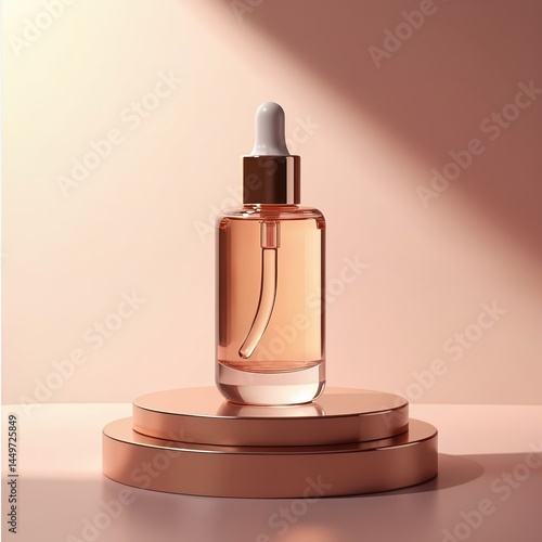 Obraz na płótnie Transparent glass dropper cosmetic bottle with pipette on podium. 3d render. Skincare serum, essence product. Elegant design. Beauty, fashion, spa concept. Minimal style, soft light. Ideal for w salonie