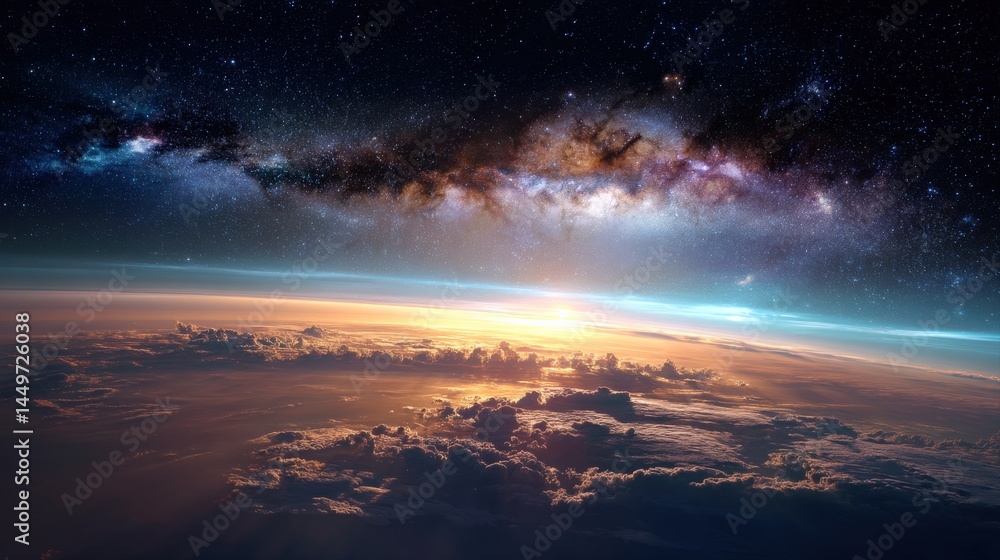 Majestic view of Earth and the Milky Way galaxy from space, showcasing a breathtaking sunrise and swirling clouds. Majestic view of Earth and the Milky Way galaxy from space, showcasing a breathtaking sunrise and swirling clouds.