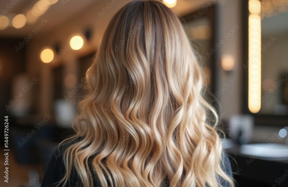 Back view blond hair woman. Balayage effect of highlights. Curly wavy strands hair, fashion beauty style, hair care concept. Healthy hair. Salon, hair stylist concept.
