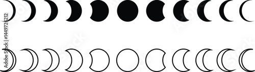 Full and half Moon with different phases icon set. Crescent vectors. Lunar flat, outline symbols. Night or dark mode illustration for app user interface web element isolated on transparent background.