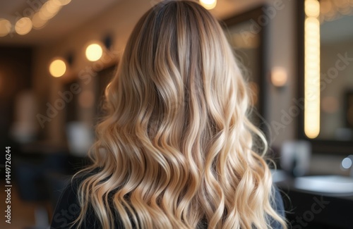 Obraz na płótnie Back view blond hair woman. Balayage effect of highlights. Curly wavy strands hair, fashion beauty style, hair care concept. Healthy hair. Salon, hair stylist concept. w salonie