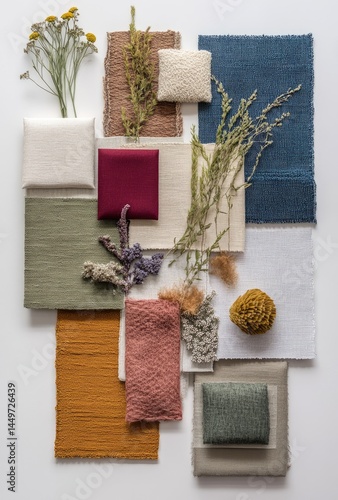 Fabric swatches and natural elements arranged in a color palette
