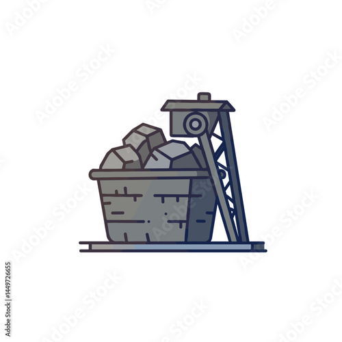 Minerals, coal mining. Miner's cart lifting rocks in simple graphic illustration