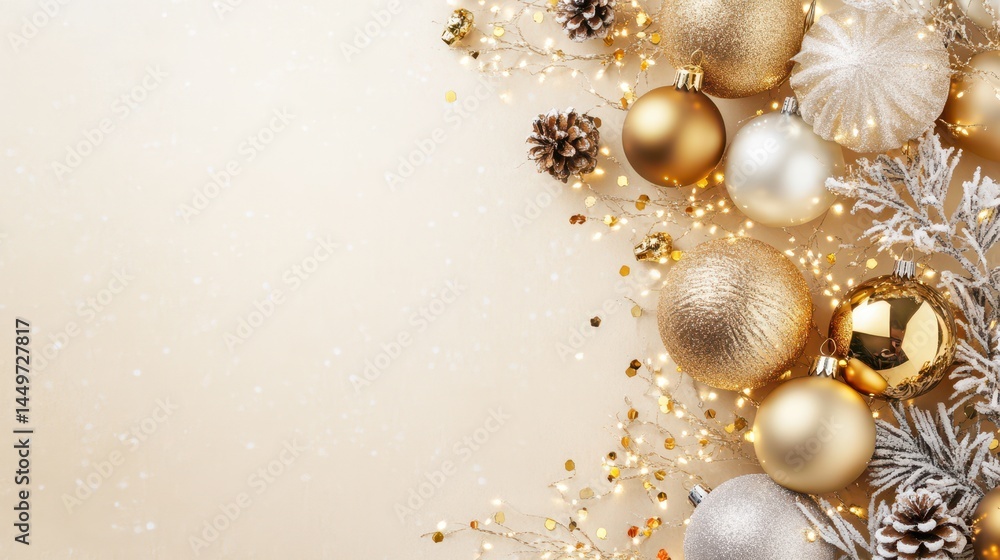Fototapeta premium Holiday Elegance: A sophisticated arrangement of golden and silver ornaments, pine cones, and delicate lights create a festive and elegant ambiance. Perfect for holiday season.