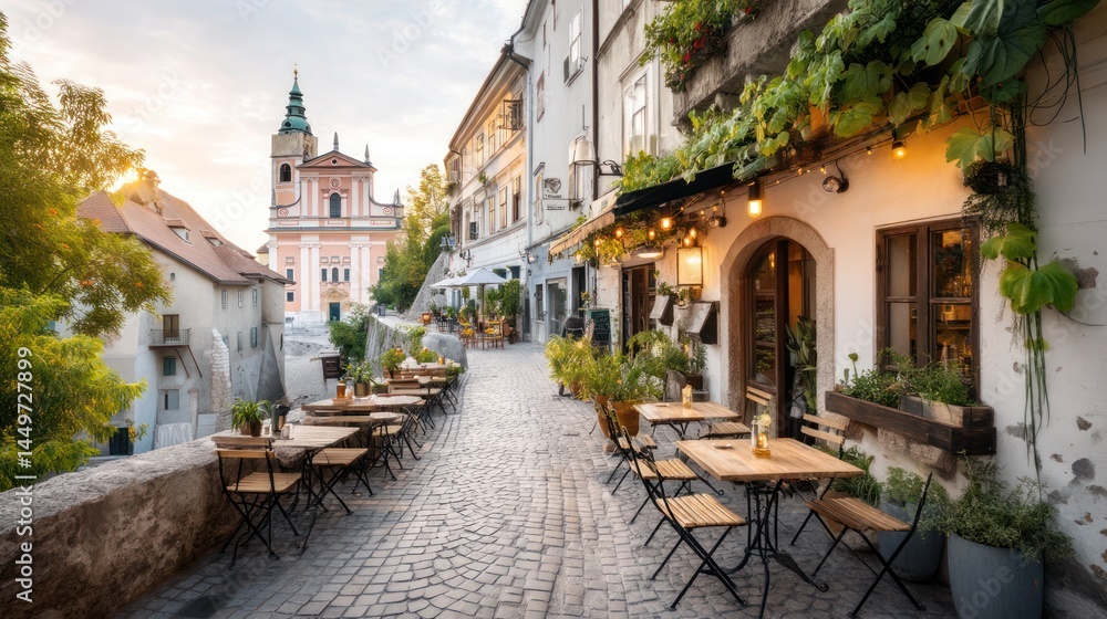 European cobblestone street cafe scene European cobblestone street cafe scene