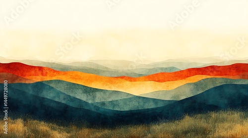 Watercolor landscape of layered mountain ridges