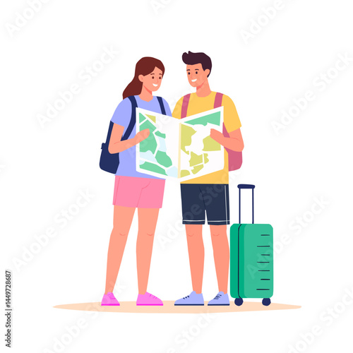 Vector illustration, a young couple traveling, looking at a map with backpacks and suitcases. Colorful flat lay, tourism or adventure concept.