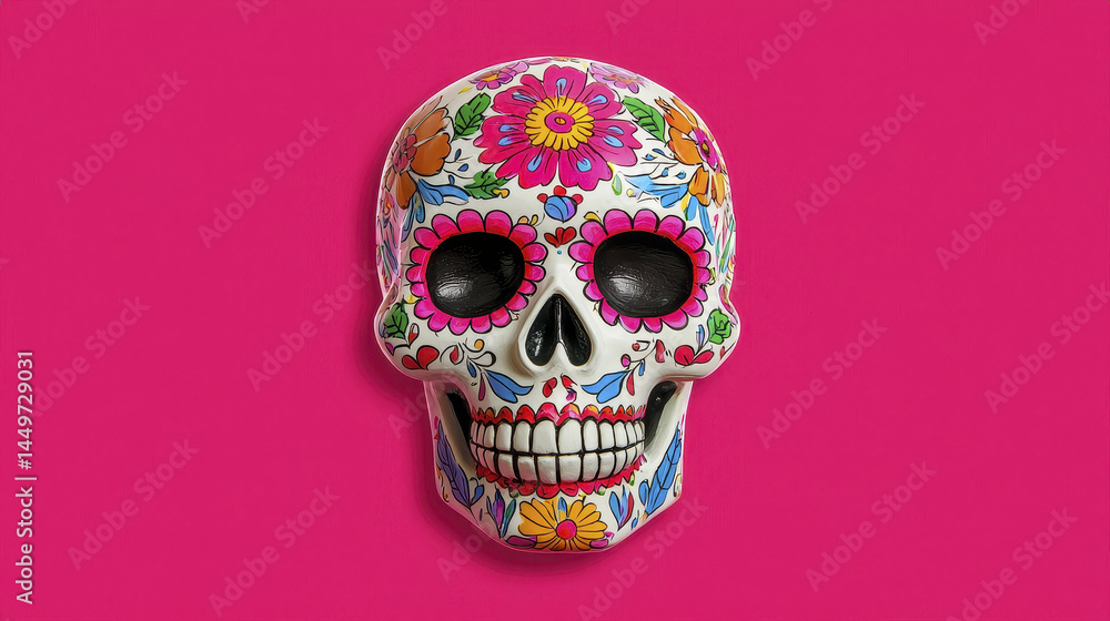 Obraz premium Colorful sugar skull with floral designs on vibrant pink background, symbolizing celebration and remembrance