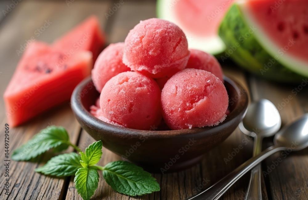 Balls of delicious watermelon sorbet in bowl on wooden table. Fresh fruit slices, mint leaves, spoons. Dessert, cold, sweet treat. Refreshing summer snack.
